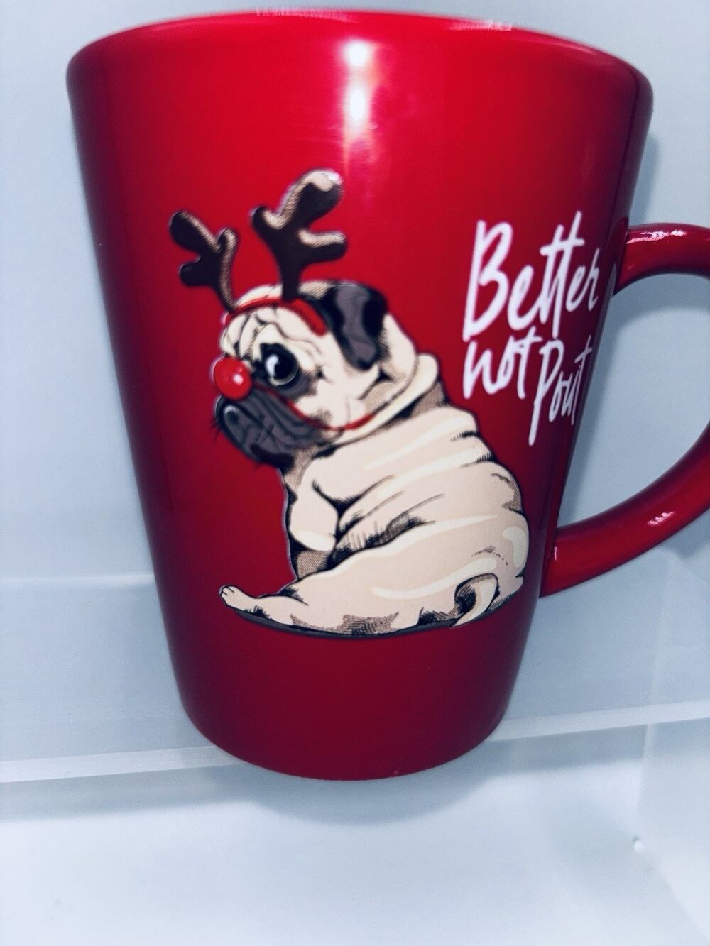 Pug Dog Modern Gourmet Foods Mug In Antlers Better Not Pout Christmas Coffee